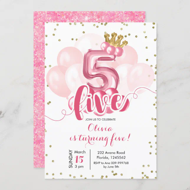 Pink and Gold Crown Balloon 5th Birthday Invitatio Invitation | Zazzle