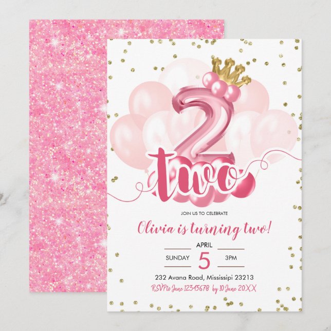 Pink and Gold  Crown Balloon Second Birthday Invitation (Front/Back)