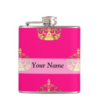 Pink and gold crown pattern hip flask