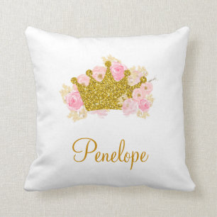 Pink And Gold Crown Pillow, Princess Name Throw Pillow