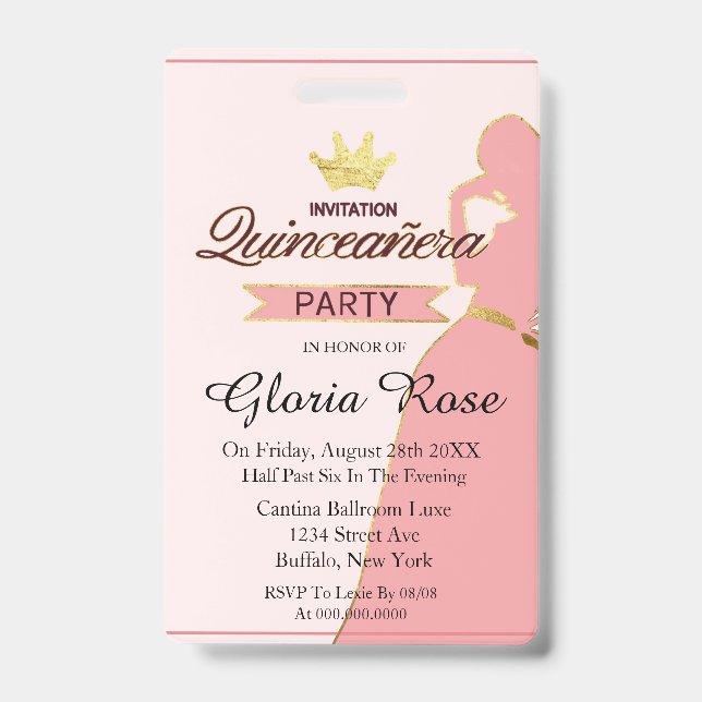 Pink And Gold Crown Quinceanera Party Badge (Front)