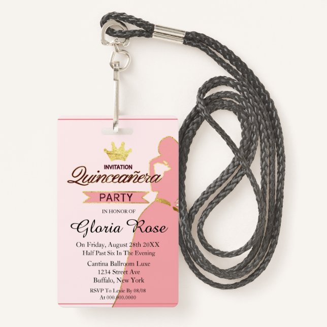 Pink And Gold Crown Quinceanera Party Badge (Front with Lanyard)