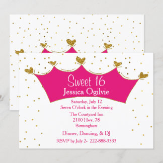 Pink and Gold Crown Sweet 16 Birthday Invitation