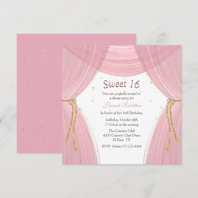 Pink and Gold Curtain Sweet 16 Invitation (Front/Back)