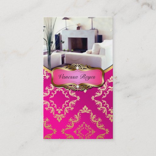 Customizable Pink and Gold Damask Photo Business Card