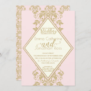 Pink and Gold Damask Wedding Invitation