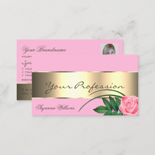 Pink and Gold Decor Cute Rose Flower with Photo Business Card