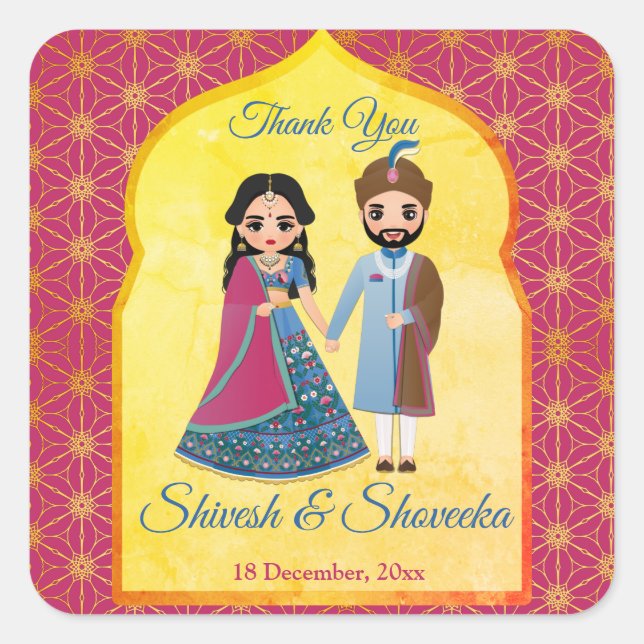 Pink and gold design border Indian wedding  favor  Square Sticker (Front)
