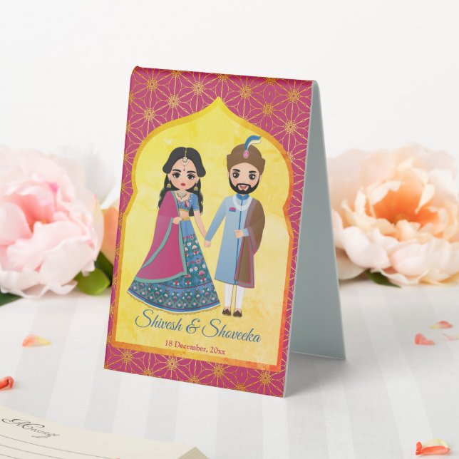 Pink and gold design border with Indian couple  Table Tent (In SItu (Wedding))