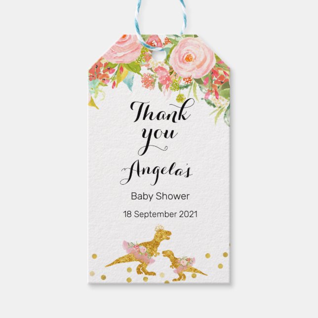 Pink and Gold Dino Modern Thank You Tag (Front)