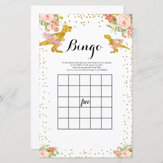 Pink and Gold Dino Watercolor Bingo Game (Front/Back)
