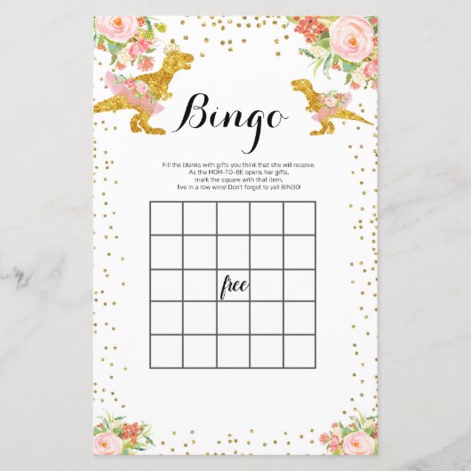 Pink and Gold Dino Watercolor Bingo Game (Front)