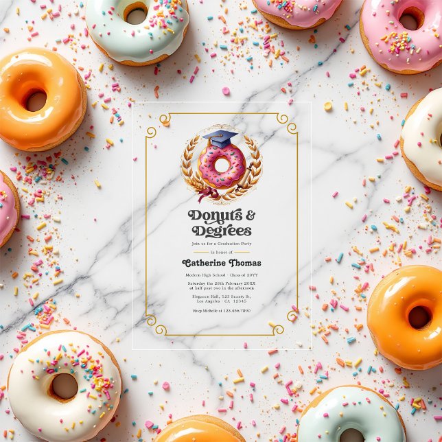 Pink and Gold Donuts and Degrees Graduation Party Acrylic Invitations (Pink and Gold Donuts and Degrees Graduation Party Acrylic Invitations)