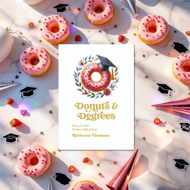Pink and Gold Donuts and Degrees Graduation Photo Announcement (Pink and Gold Donuts and Degrees Graduation Photo Announcement)