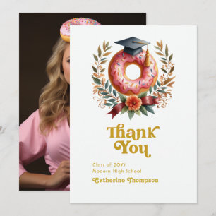 Pink and Gold Donuts and Degrees Graduation Thank You Card