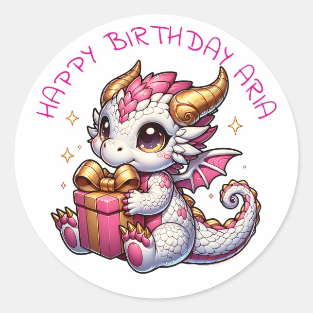 Pink and Gold Dragon Girl's Personalized Birthday  Classic Round Sticker (Front)