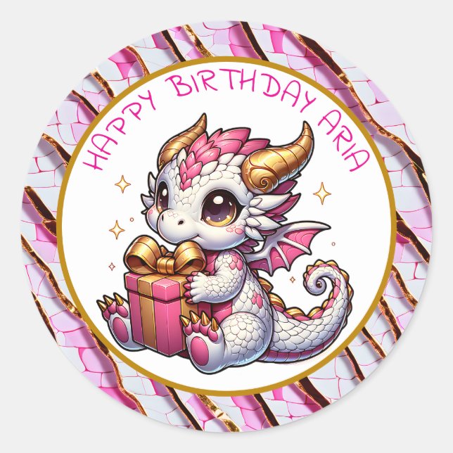 Pink and Gold Dragon Girl's Personalized Birthday  Classic Round Sticker (Front)