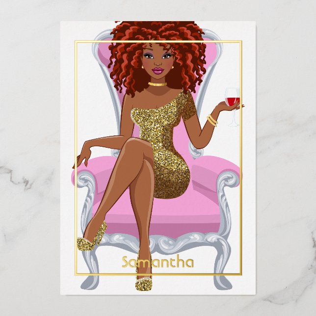 Pink and Gold Dreadlock Birthday Party Foil Invitation (Front)