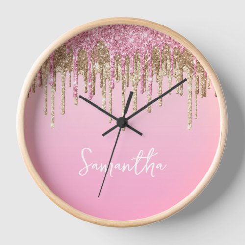 Pink and Gold Dripping Glitter Glam Name Clock