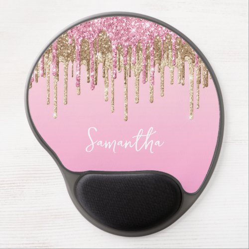 Pink and Gold Dripping Glitter Glam Name Gel Mouse Pad