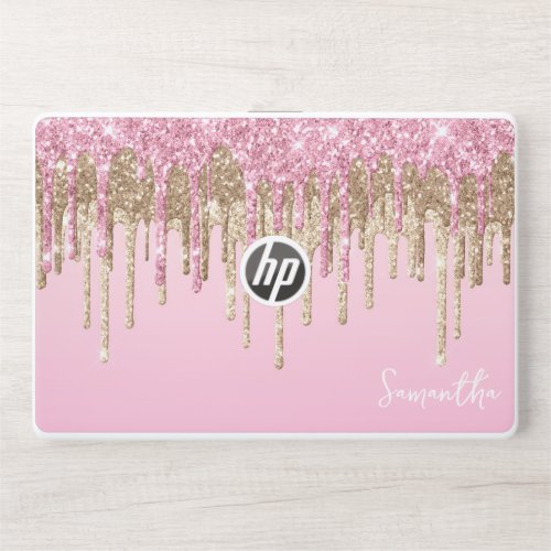 Pink and Gold Dripping Glitter Glam Name HP Laptop Skin