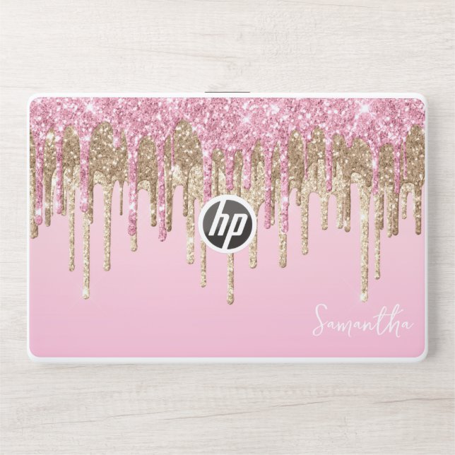 Pink and Gold Dripping Glitter Glam Name HP Laptop Skin (Front)