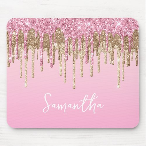 Pink and Gold Dripping Glitter Glam Name Mouse Pad