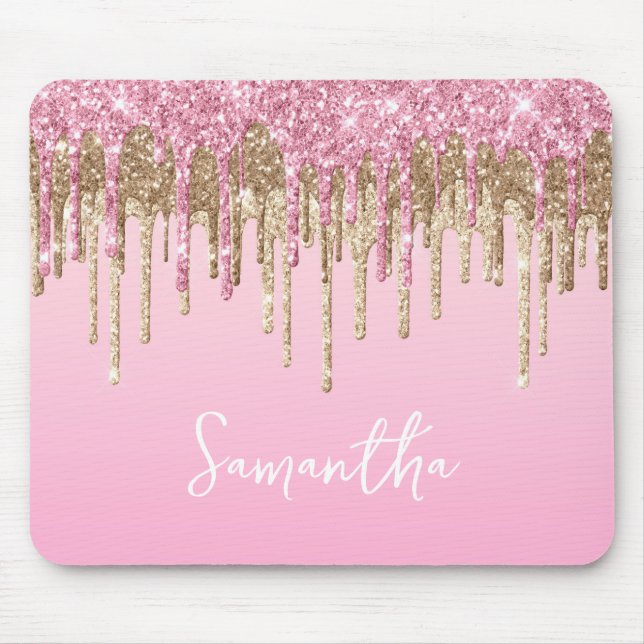 Pink and Gold Dripping Glitter Glam Name Mouse Pad (Front)