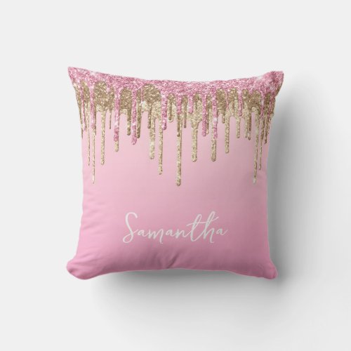 Pink and Gold Dripping Glitter Glam Name Throw Pillow