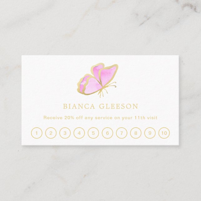 Pink and Gold Elegant Butterfly Beauty Salon Loyalty Card (Front)