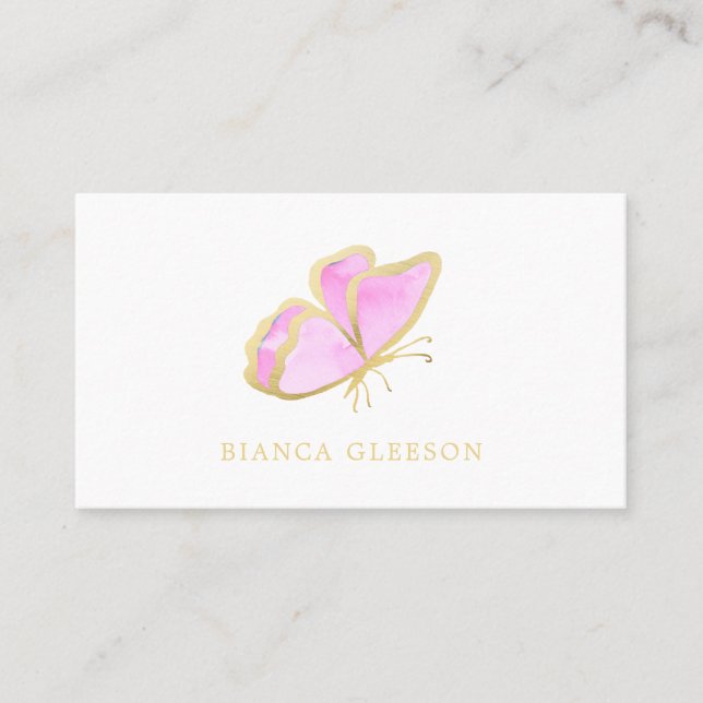 Pink and Gold Elegant Butterfly Business Card (Front)
