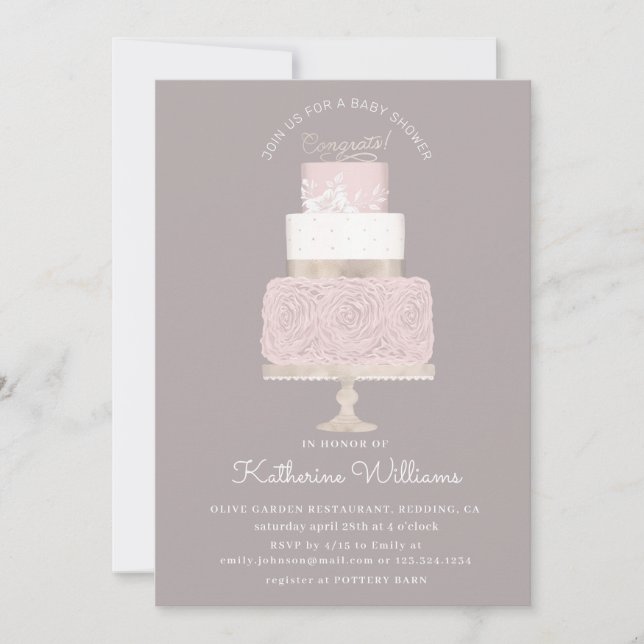 pink and gold elegant cake baby shower invitation (Front)