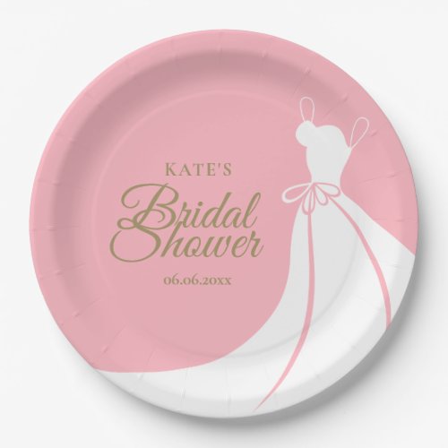Pink and Gold Elegant Gown Bridal Shower Paper Plates