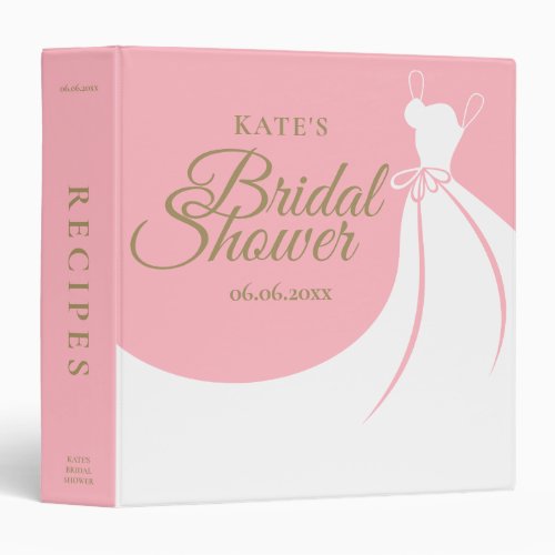 Pink and Gold Elegant Gown Bridal Shower Recipe 3 Ring Binder