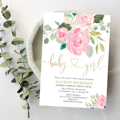 Pink and gold elegant rose floral girl baby shower