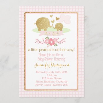 Pink And Gold Elephant Baby Shower Invitation by Pixabelle at Zazzle