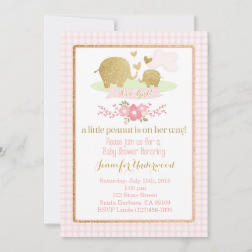 Pink and Gold Elephant Baby Shower Invitation