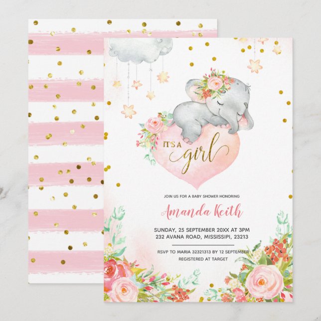 Pink and Gold Elephant Baby Shower Invitation (Front/Back)