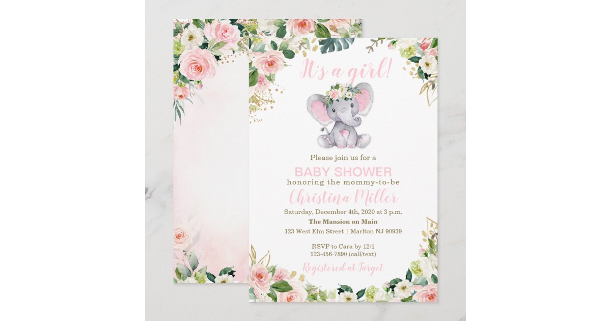 Pink and Gold Elephant Baby Shower Invitation Girl | Zazzle