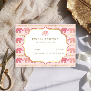 Pink and Gold Elephant Indian Wedding RSVP Card