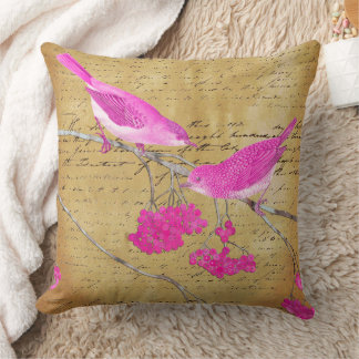 Pink and Gold Ephemera Vintage Birds and Letter Throw Pillow