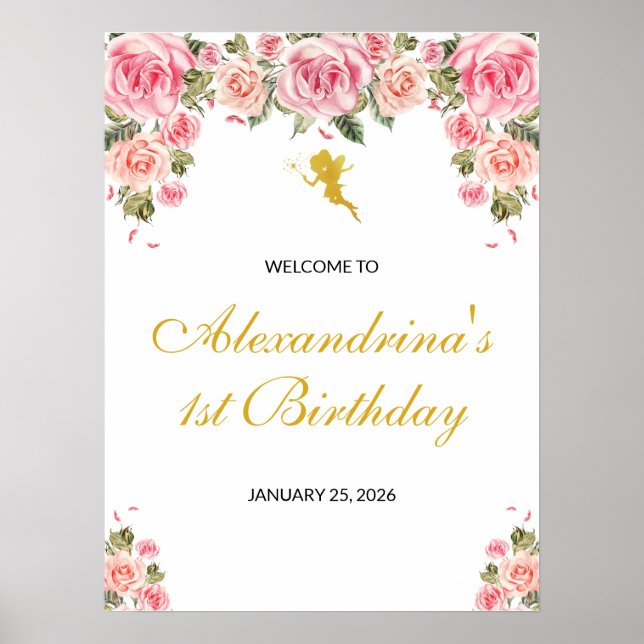 Pink and Gold Fairy Theme Birthday Poster (Front)