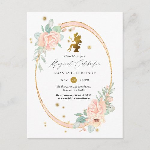 Pink and Gold Fairy themed Girl 2nd Birthday Party Invitation Postcard