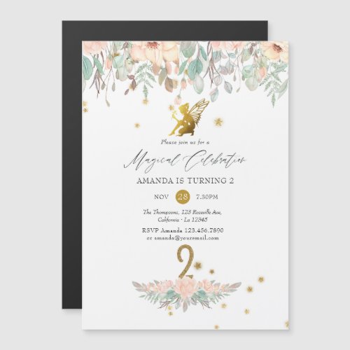 Pink and Gold Fairy themed Girl 2nd Birthday Party Magnetic Invitation