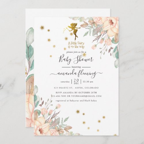 Pink and Gold Fairy themed Girl Baby Shower Invitation