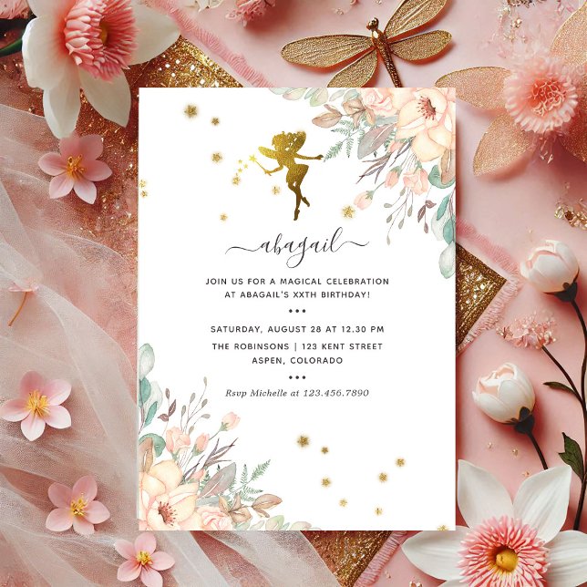 Pink and Gold Fairy themed Girl Birthday Party Invitation (Pink and Gold Fairy themed Girl Birthday Party Invitation)
