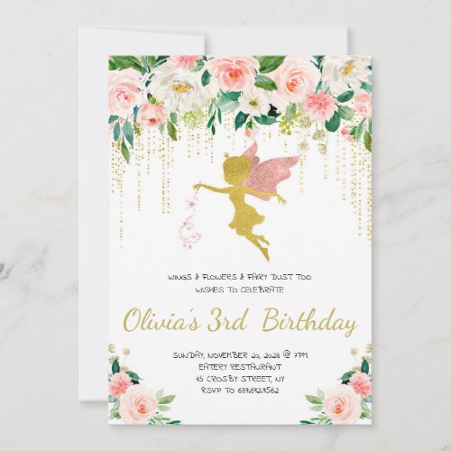 Pink and Gold Fairy themed Girl Birthday Party Invitation