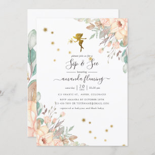 Pink and Gold Fairy themed Girl Sip and See Invitation