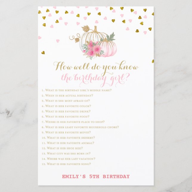 Pink and Gold Fall Birthday Game, Pumpkin (Front)