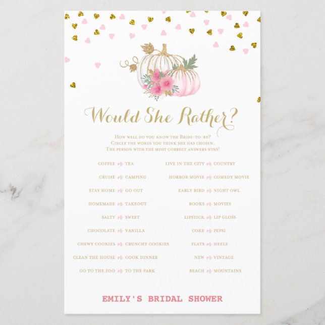 Pink and Gold Fall Bridal Shower Game, Pumpkin (Front)